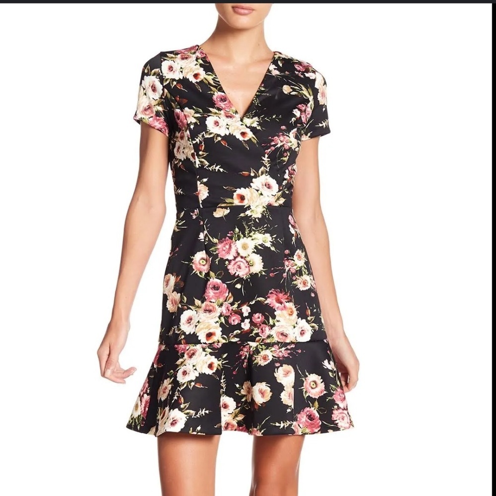 Aqua Ady Floral‎ Printed Ruffle Hem Dress SZ Large Black Multicolor Pretty NEW
